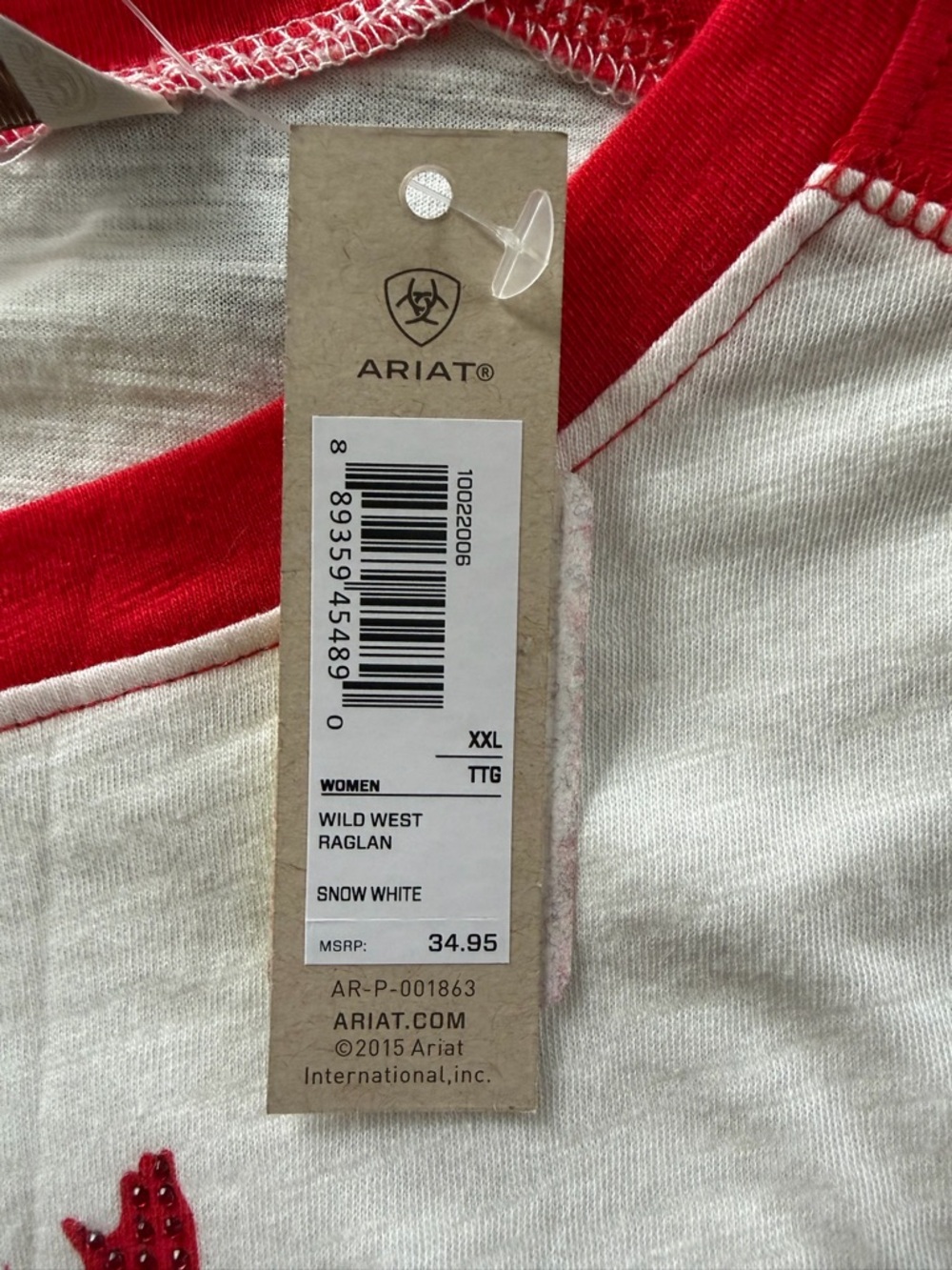 Ariat Red and White Raglan Long-Sleeve Tee with Rodeo Bucking Horse - Picture 4 of 7